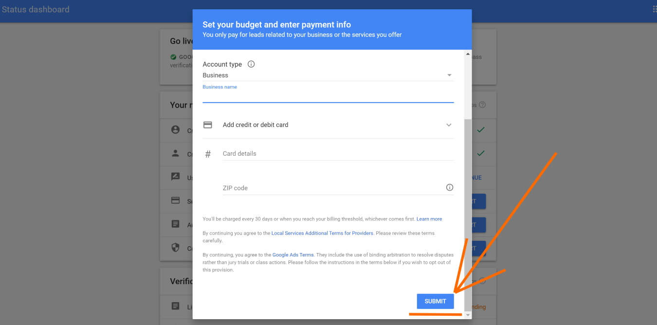 Step 14 - Submit your payment information for your local search ads